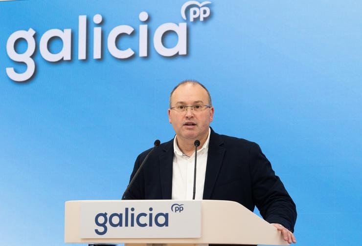 O secretario xeral do PPdeG, Miguel Tellado, en rolda de prensa.. PPDEG / Europa Press