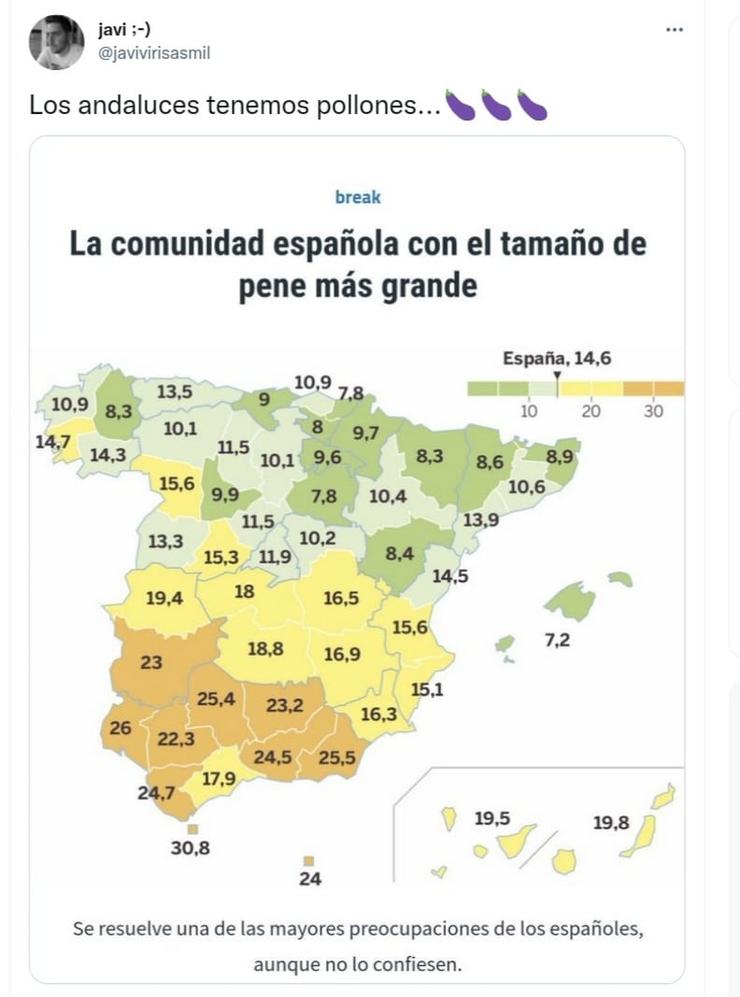 Mapa que amosa, supostamente, o tamaño dos penes en España