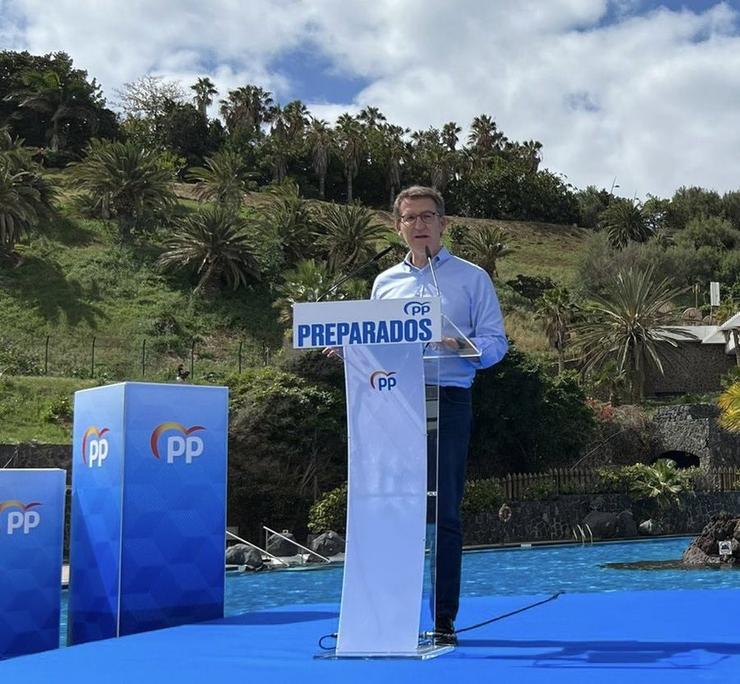 O presidente da Xunta de Galicia e candidato único á presidencia do Partido Popular (PP), Alberto Núñez Feijóo, este sábado en Tenerife. CEDIDO POR PP DE CANARIAS