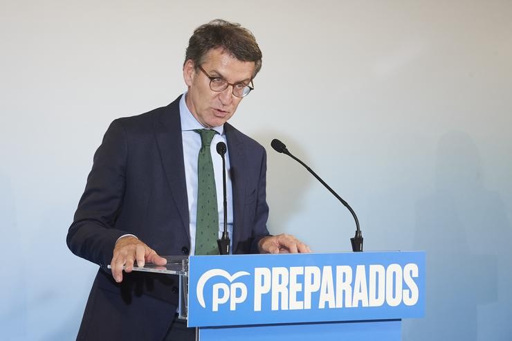 O candidato a liderar o PP e presidente da Xunta de Galicia, Alberto Núñez Feijóo, intervén durante un acto celebrado para expor o seu proxecto político.. Juan Manuel Serrano Arce - Europa Press