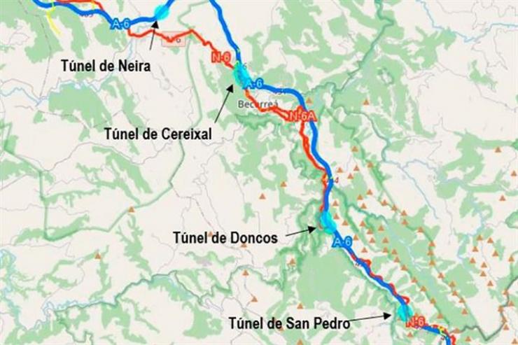Situación dos túneles de Neira, San Pedro, Doncos e Cereixal 