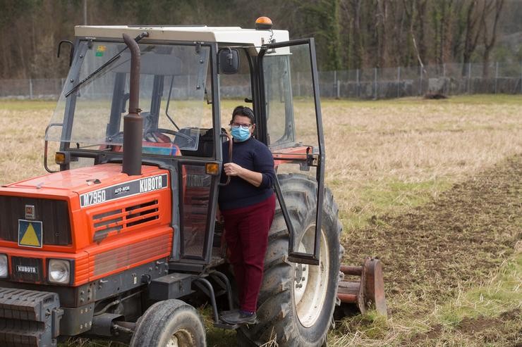 Unha muller, Lola Martínez ara no seu tractor para plantar patacas na súa leira de Chamoso, O Corgo 