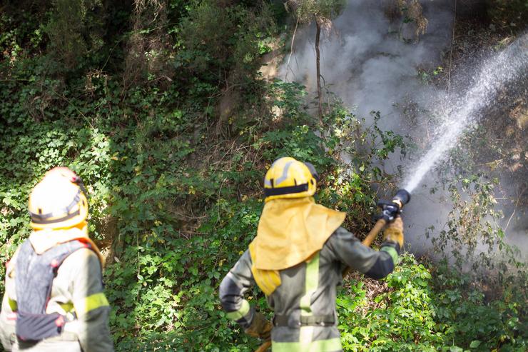 Dous bombeiros nun incendio forestal 