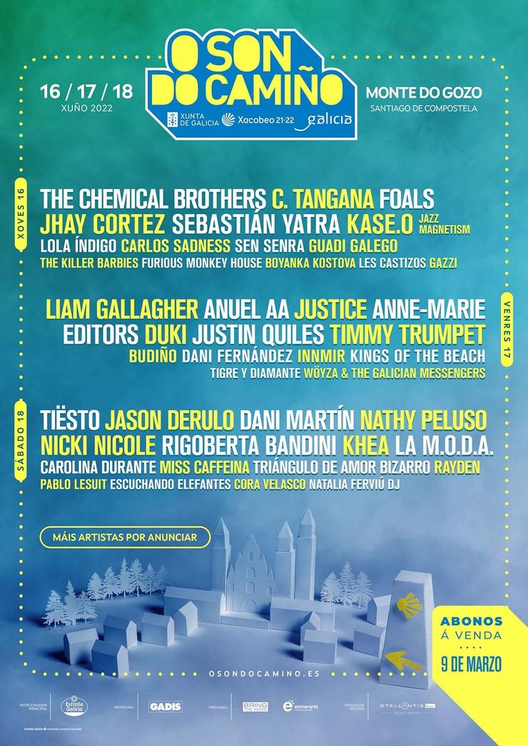 O cartel do festival Ou Son do Camiño, celebrado en Monte do Gozo (Santiago de Compostela), contará con actuacións de artistas como C.Boureo, Liam Gallagher, Jason Derulo ou The Chemical Brothers. Ou SON DO CAMIÑO / Europa Press