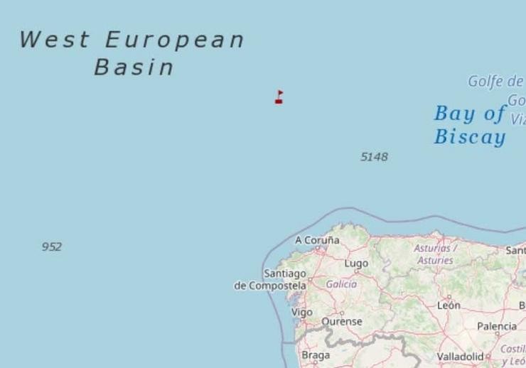 Zona na que Salvamento Marítimo evacuou en helicóptero ata A Coruña a un tripulante dun mercante con apendicitis aguda.. SALVAMENTO MARÍTIMO 