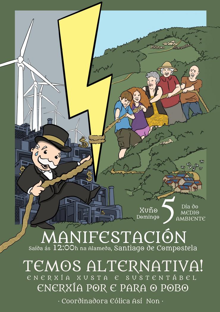 Cartel manifestación da plataforma 'Eólica Así Non' o 5 de xuño de 2022 en Santiago de Compostela.. 'EÓLICA ASÍ NON' 