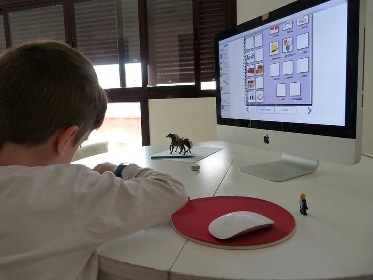 Neno usando un computador e Internet nun colexio 