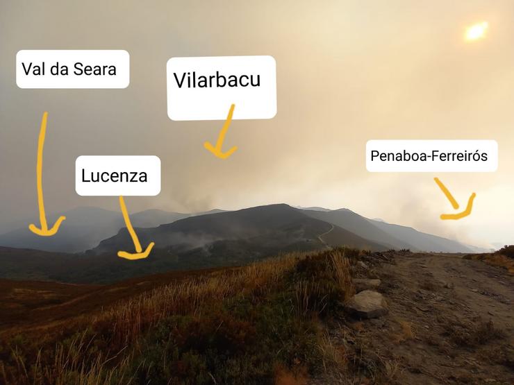 Imaxes da fronte de incendios e lumes na zona alta do Courel desde un pouco máis arriba da campa da Lucenza / remitida