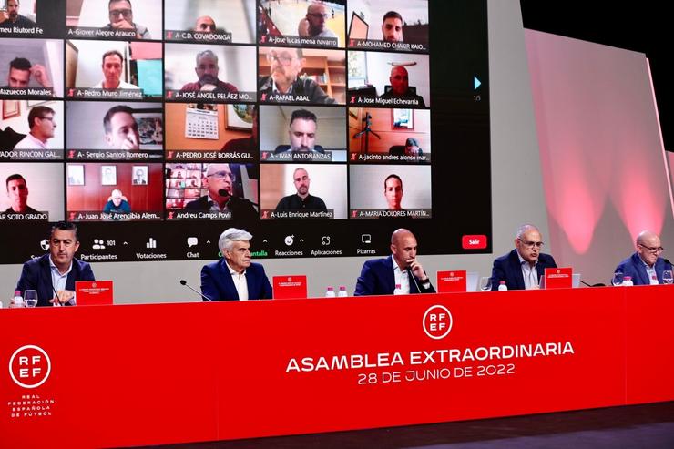 O presidente da RFEF, Luis Rubiales, preside a Asemblea Xeral Extraordinaria do devandito organismo celebrada de forma híbrida.. RFEF