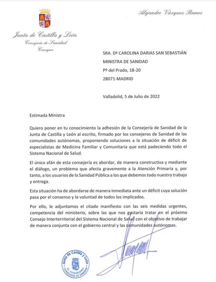 Carta enviada por Alejandro Vázquez a Carolina Darias.. JCYL 