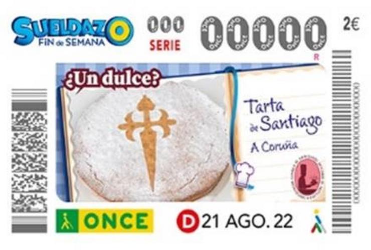 Cupón do ONCE coa torta de Santiago. ONCE