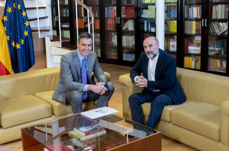 O presidente do Goberno en funcións, Pedro Sánchez (i), reúnese co deputado de BNG Néstor Rego (d), durante a súa rolda de contactos para a súa investidura / Alberto Ortega - Arquivo