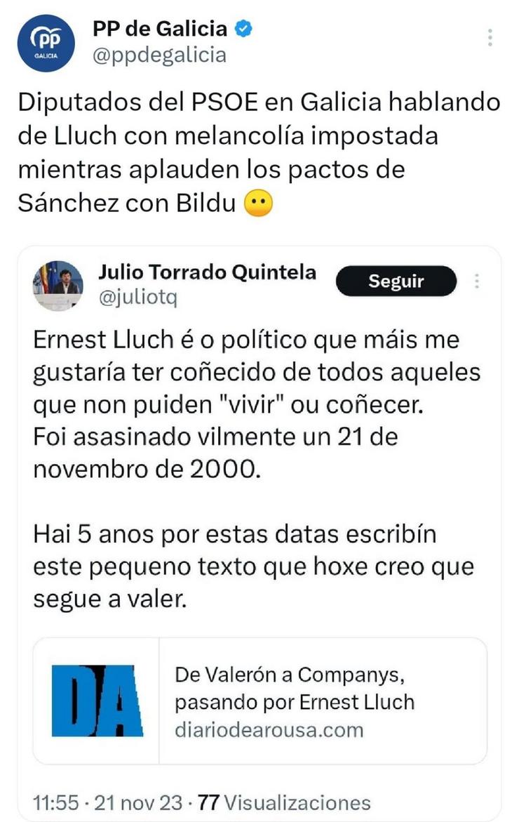 O PSdeG lembra a Ernest Lluch, asasinado por ETA. CAPTURA DE X / Europa Press