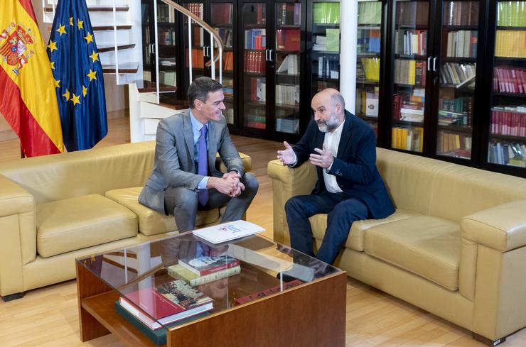 O presidente do Goberno en funcións, Pedro Sánchez (e), reúnese co deputado de BNG Néstor Rego (d), durante a súa rolda de contactos / Alberto Ortega - Europa Press