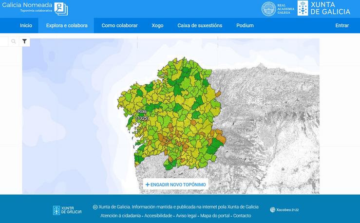 Web de Galicia Nomeada co mapa onde se poden engadir os topónimos 