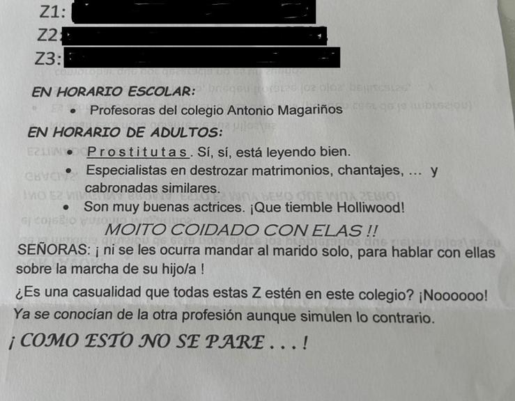 Cartas enviadas á comunidade educativa dun colexio de Cambados nas que se insulta a varias profesoras /  CEDIDA (EUROPA PRESS) 