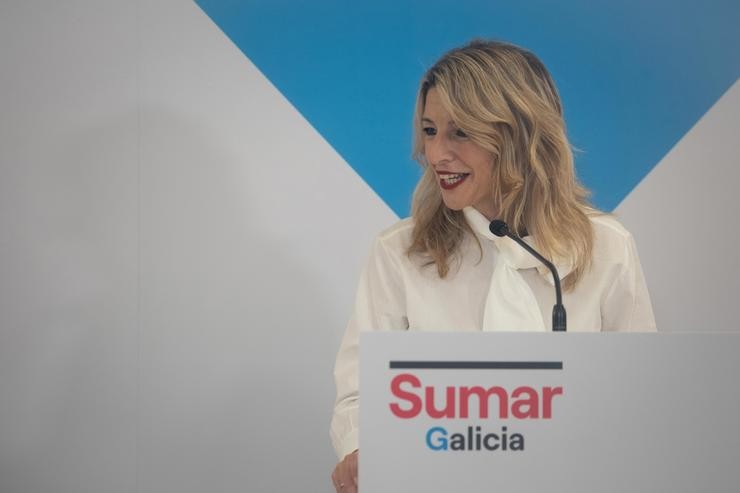 A líder de Sumar, Yolanda Díaz, intervén durante a presentación da candidatura de Sumar Galicia para a Presidencia da Xunta, no Hotel Porta do Camiño, a 27 de decembro de 2023, en Santiago de Compostela, A Coruña, Galicia (España).. César Arxina - Europa Press