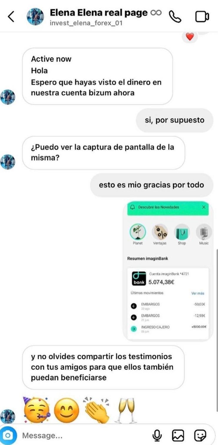 Captura dunha conversación falsificada entre o usuario e a suposta 'trader' 