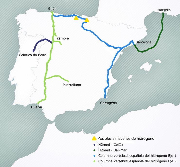 Trazado do corredor de hidróxeno verde  H2Med entre Portugal, España e Francia 