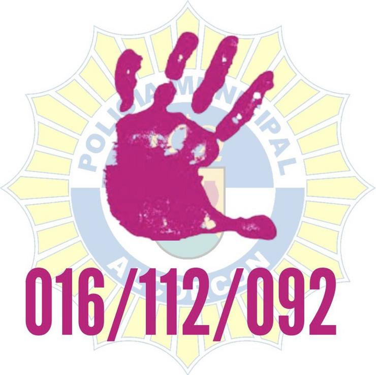 Cartel de alerta contra a violencia de xénero. POLICÍA MUNICIPAL DE ALCORCÓN 