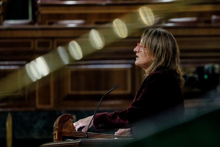 A vicepresidenta terceira e ministra para a Transición Ecolóxica e Reto Democrático, Teresa Ribera, intervén nunha sesión plenaria no Congreso dos Deputados 