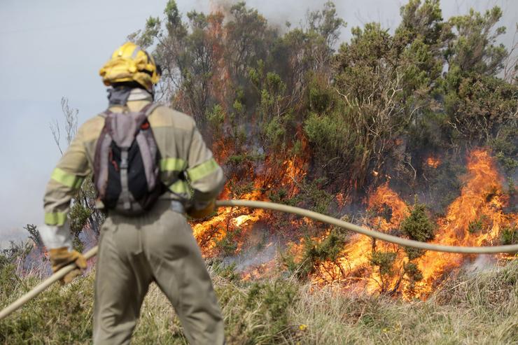 Un efectivo da Xunta con base en Becerreá traballan para extinguir as chamas nun incendio forestal en Baleira.. Carlos Castro - Europa Press
