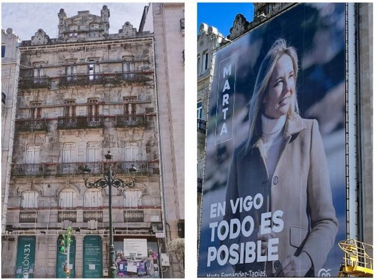 Fachada do edificio do centro de Vigo onde o PP instalou unha lona coa imaxe de Fernández-Tapias, que o Concello mandou retirar horas despois.. EUROPA PRESS/PP DEVIGO / Europa Press
