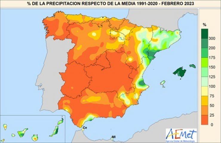 Mapa de cantidade de precipitación recollida en España no mes de febreiro de 2023 