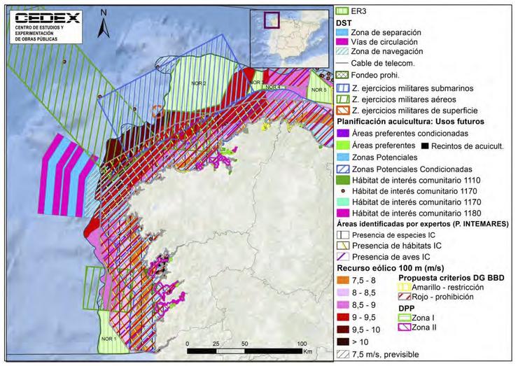 Mapa sobre a afectación nas costas interiores de Galicia  dos eólicos mariños que afectarían ás aves mariñas 