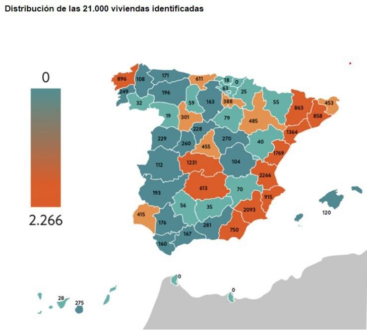 Arquivo - Mapa por provincias das 21.000 vivendas que Sareb ten a disposición das CCAA e que poderían incorporarse ao parque público de aluguer, a febreiro de 2023.. SAREB - Arquivo 