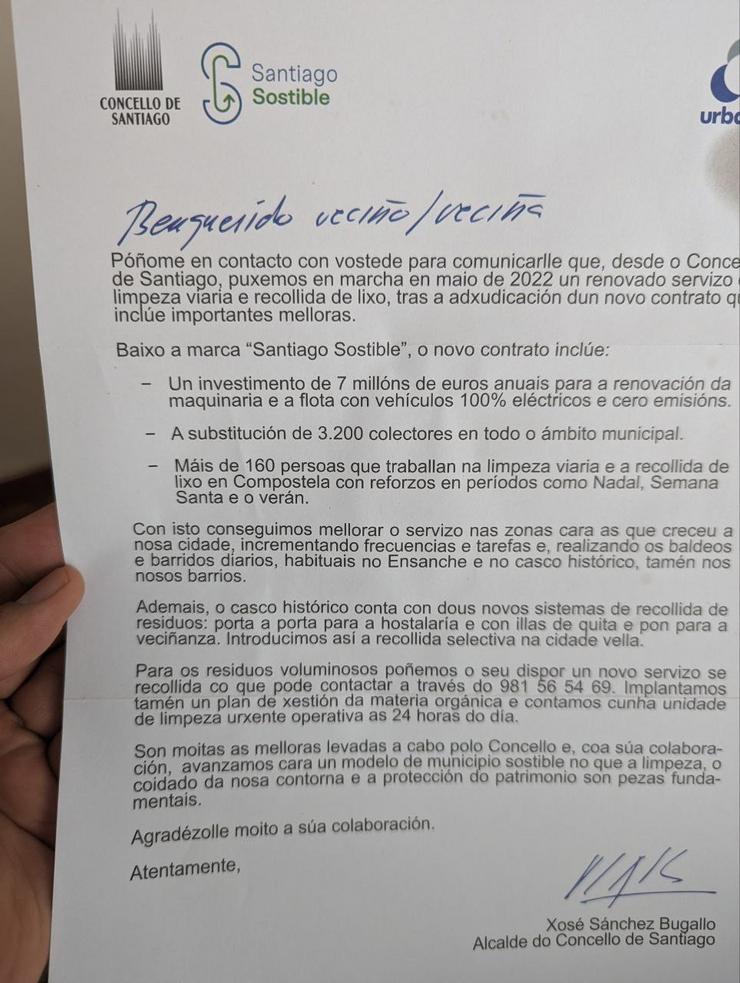Carta do alcalde de Santiago e candidato do PSOE ao 28M, Xosé Sánchez Bugallo, cuxa distribución para a Xunta Electoral de Zona.. COMPOSTELA ABERTA / Europa Press