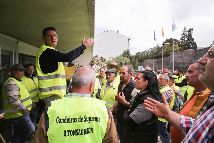 Lugo. Decenas de gandeiros produtores de tenreira suprema protestan ante a delegación da Xunta de Galicia en Lugo durante a reunión que manteñen co onselleiro de Medio Rural, José González, para aumentar as axudas aos produtores.. CARLOS CASTRO/EUROPA PRESS / Europa Press