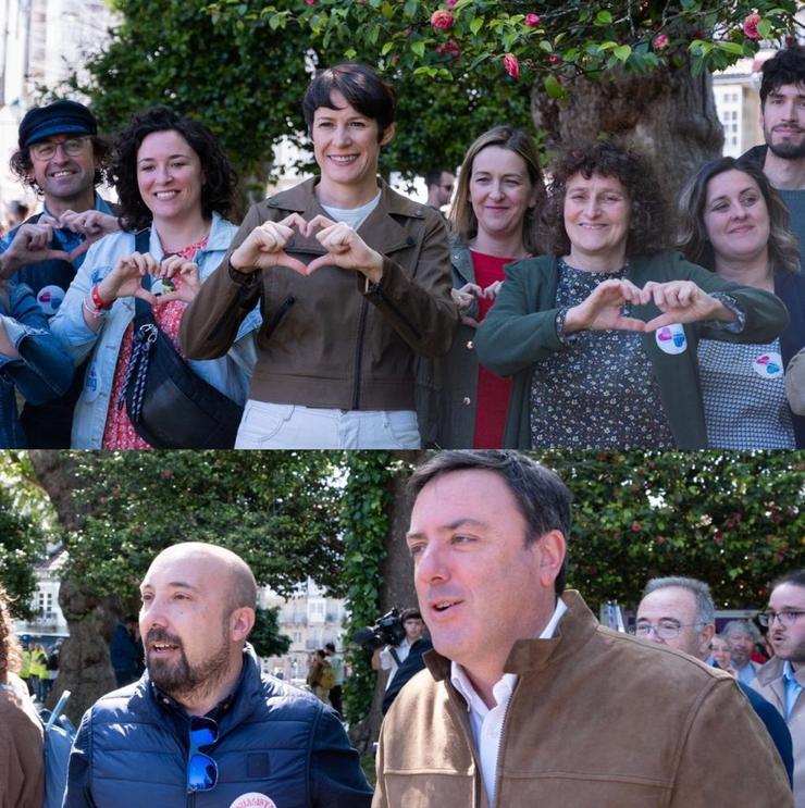 Montaxe de dúas dos momentos vinculados ás fotos de familia do BNG e PSdeG na manifestación de Queremos Galego en Santiago de Compostela. CÉSAR ARXINA/EUROPA PRESS / Europa Press