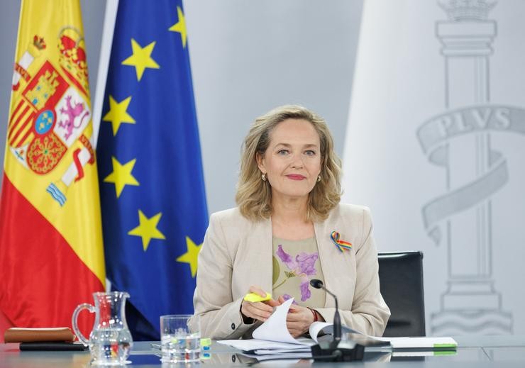 A vicepresidenta primeira e ministra de Asuntos Económicos e Transformación Dixital, Nadia Calviño, durante unha rolda de prensa posterior á reunión do Consello de Ministros, no Palacio da Moncloa, a 27 de xuño de 2023, en Madrid (España). O Con. Eduardo Parra - Europa Press / Europa Press