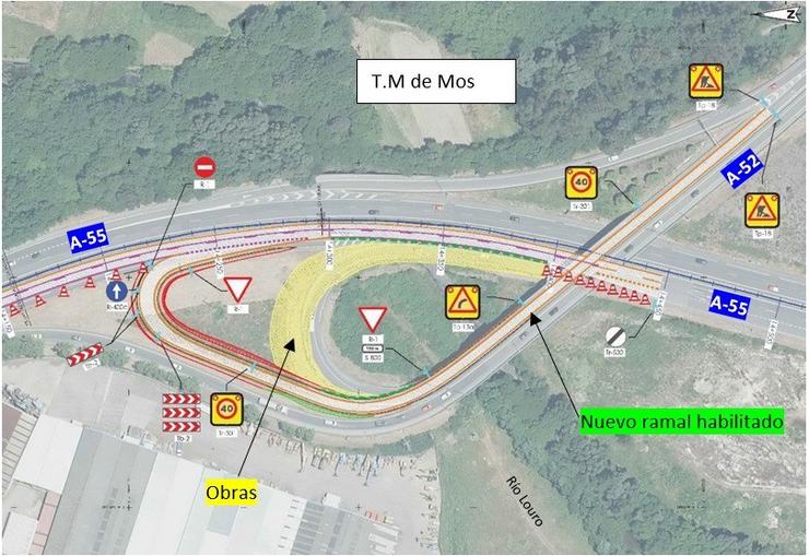 Plano do tramo afectado polas obras e o novo ramal habilitado. MITMA / Europa Press