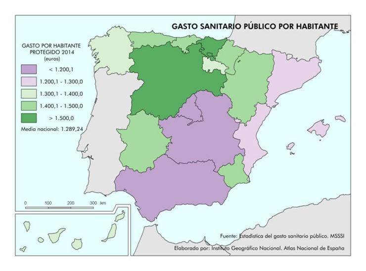 Mapa co gasto sanitario por habitante no conxunto do Estado no que se amosa a situación da sanidade/ Instituto Geográfico Nacional -Atlas Nacional de España