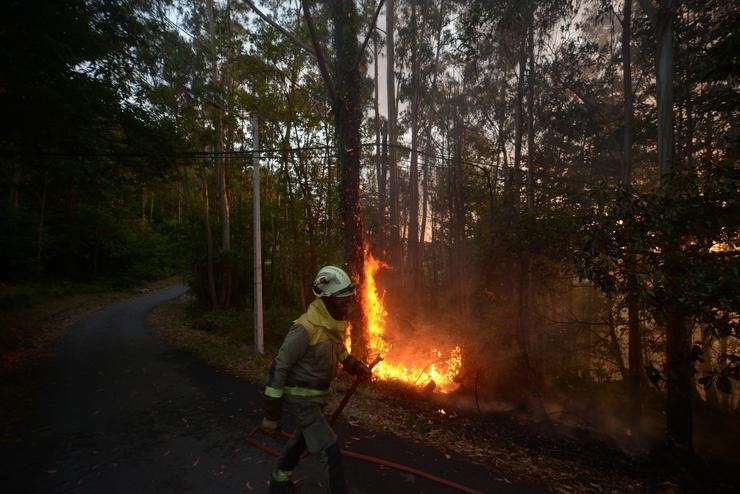 Bombeiros traballan para extinguir o lume, en Suevos, Arteixo / Gustavo de la Paz