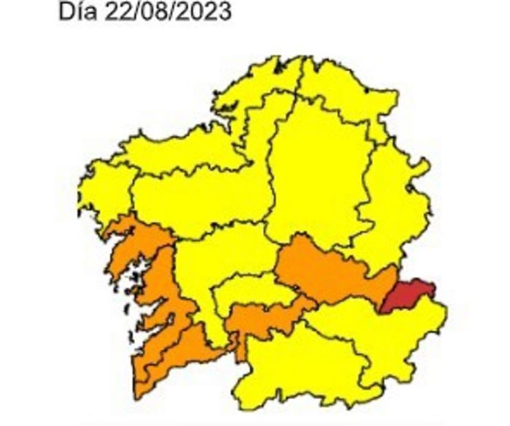 Diferentes zonas de alerta por episodio de calor, previstas para o 22 de agosto de 2023 en Galicia.. METEOGALICIA
