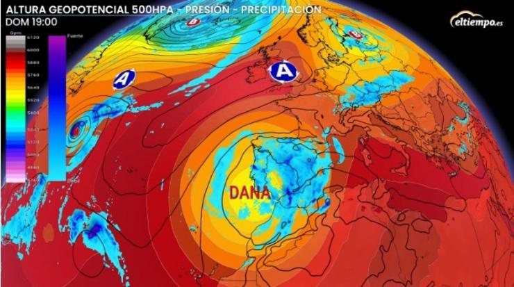 Localización da DANA, segundo previsións actuais, o sábado pasando o mediodía. ELTIEMPO.es / Europa Press
