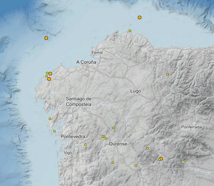 Terremotos rexistrados en Galicia nos últimos 30 días 