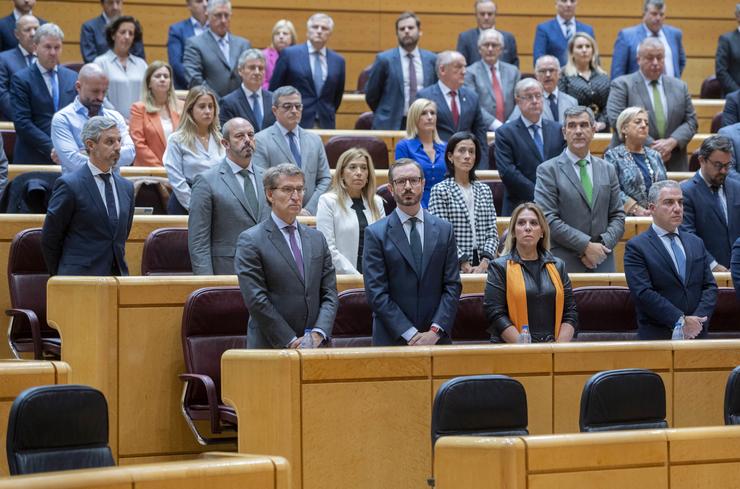 Arquivo - (Fila abaixo) O presidente do Partido Popular, Alberto Núñez Feijóo (4d); o portavoz do PP no Senado, Javier Maroto (3d), e o coordinador xeral do PP, Elías Bendodo (1d), nunha sesión de control ao Goberno no Senado.. Alberto Ortega - Europa Press - Arquivo / Europa Press