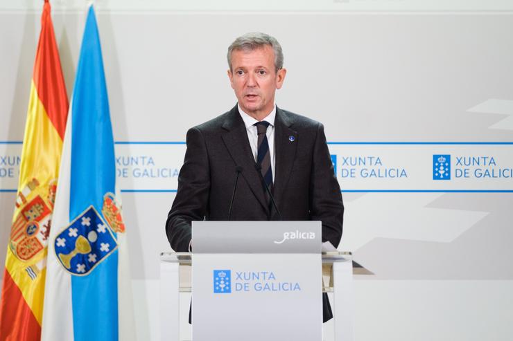 O presidente da Xunta, Alfonso Rueda, na rolda de prensa posterior á reunión do Consello. DAVID CABEZON @ XUNTA