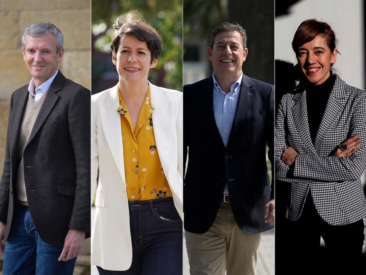 Os candidatos do PP, Alfonso Rueda; BNG, Ana Pontón; PSdeG, José Ramón Gómez Besteiro; e Sumar Galicia, Marta Lois. Eleccións galegas do 18 de febreiro de 2024 / Europa Press - Arquivo