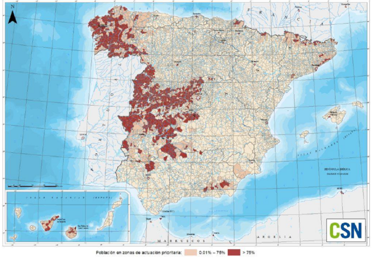 Mapa de España de zonas con radón