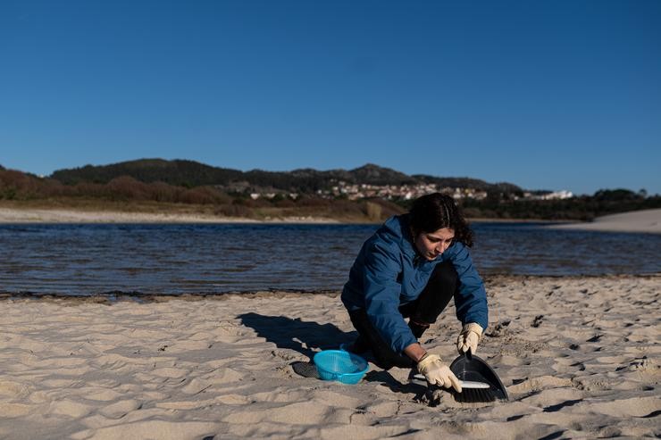 Voluntarios fan unha recollida de pellets da area, Galicia, a 7 de xaneiro de 2024, na Coruña / Elena Fernández - Arquivo