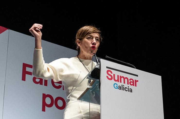 A candidata de Sumar Galicia á Presidencia da Xunta, Marta Lois, intervén durante un acto de campaña electoral de Sumar Galicia, a 11 de febreiro de 2024 / Elena Fernández - Arquivo