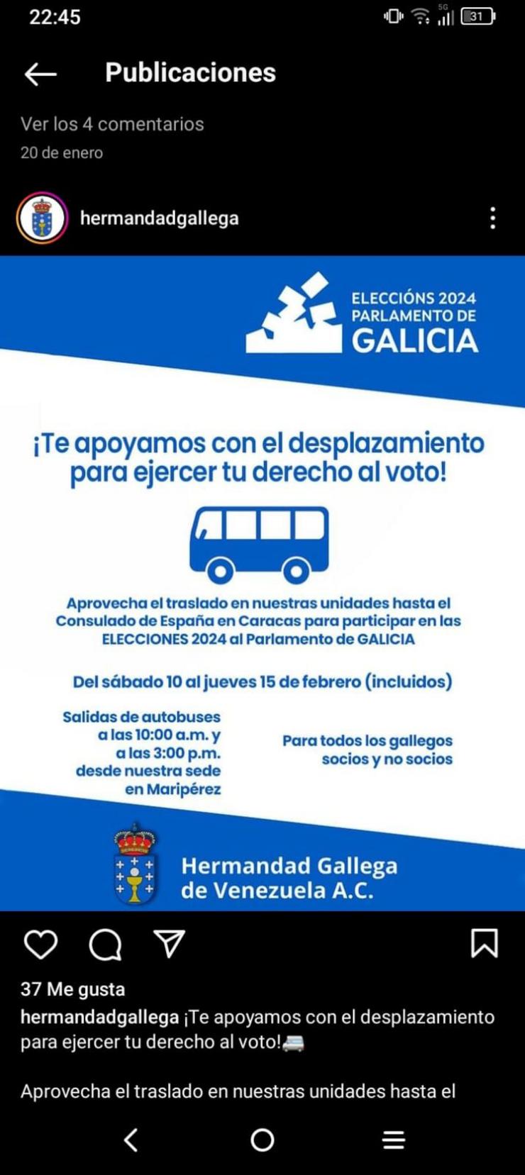 Chamamento en redes sociais da Hermandad Gallega de Venezuela para votar nas eleccións de Galicia 