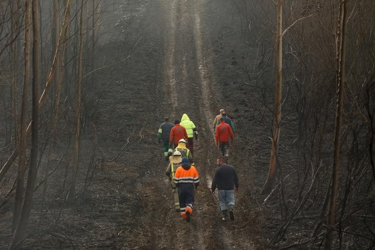 Axentes dos equipos de bombeiros traballan no lugar do incendio, a 8 de febreiro de 2024, en Trabada, Lugo. Carlos Castro - Europa Press