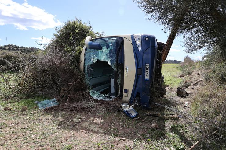 O autobús do Imserso que envorcou no quilómetro 5 da estrada Ma-4030, 11 de marzo de 2024, en Mallorca / Isaac Buj - Arquivo