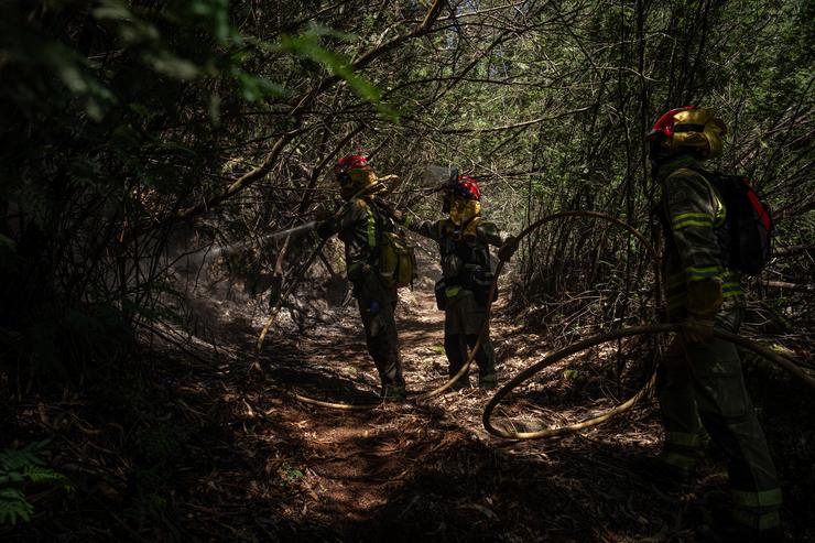 Axentes dos equipos de bombeiros traballan no lugar do incendio en Crecentes 